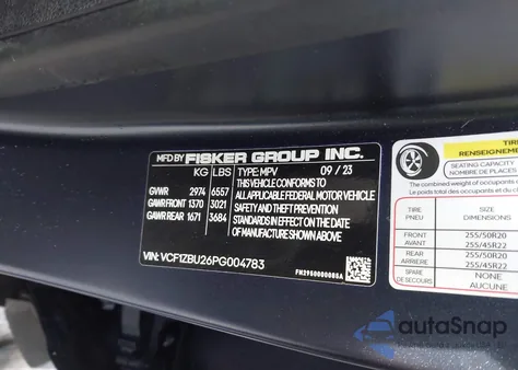 2023 Fisker Ocean One from USA, damaged, VIN VCF1ZBU26PG004783